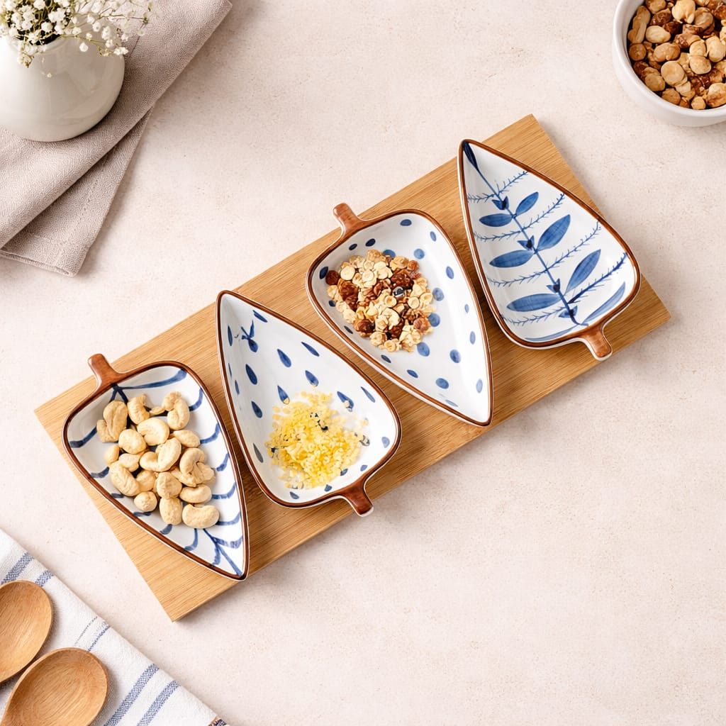 Novio Ceramic Serving Platter 4 Small Leaf-Shaped Plates with 1 Wooden Tray Bamboo| Perfect for Serving Sweets, Cookies, Dry Fruits, Mouth Freshner & Snacks (Blue & White)